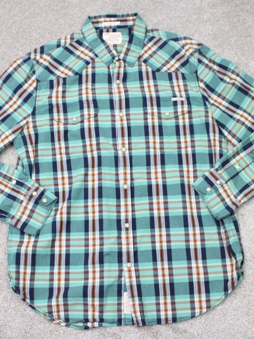 Lucky Brand Shirt Men Large Green/Blue/Orange Classic Fit Pearl Snap Long Sleeve